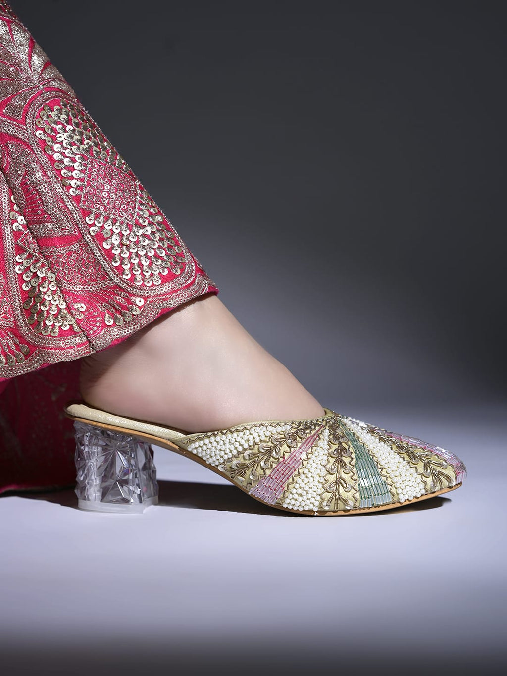 Handcrafted Embellished Mules with Transparent Block Heels – Champagne Multicolor For Women