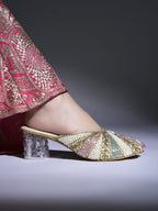 Handcrafted Embellished Mules with Transparent Block Heels – Champagne Multicolor For Women