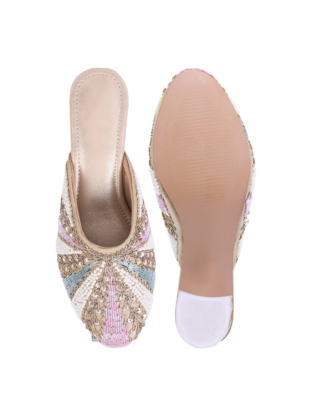 Handcrafted Embellished Mules with Transparent Block Heels – Champagne Multicolor For Women