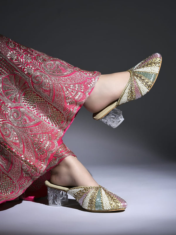 Handcrafted Embellished Mules with Transparent Block Heels – Champagne Multicolor For Women