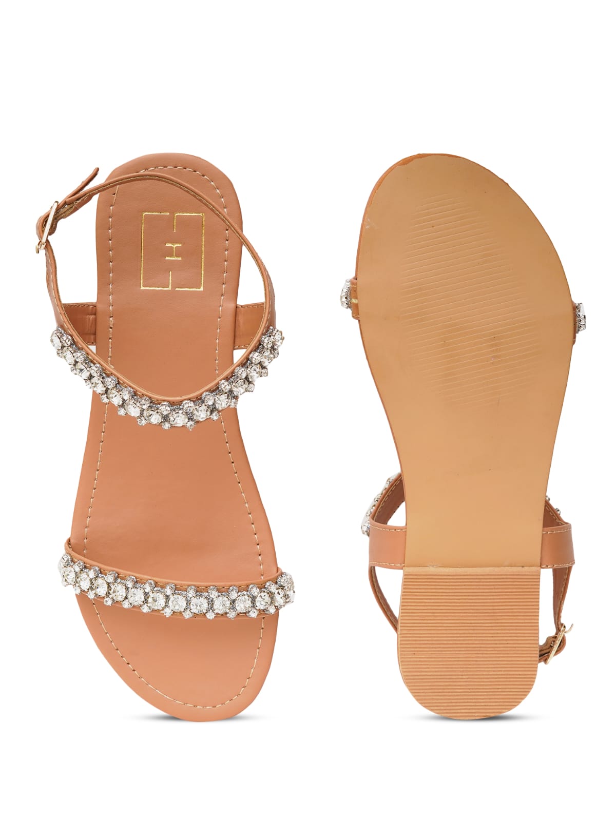Beige Rhinestone Flats for Women | Stylish Comfortable Luxury Sandals for Daily & Festive Wear