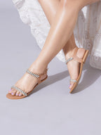 Beige Rhinestone Flats for Women | Stylish Comfortable Luxury Sandals for Daily & Festive Wear