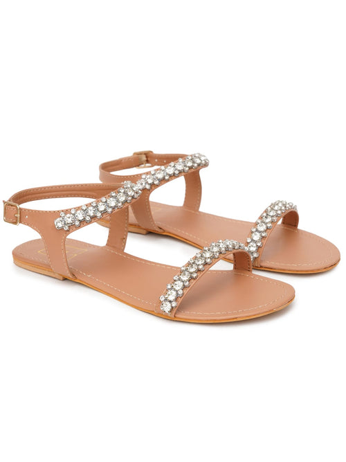 Beige Rhinestone Flats for Women | Stylish Comfortable Luxury Sandals for Daily & Festive Wear