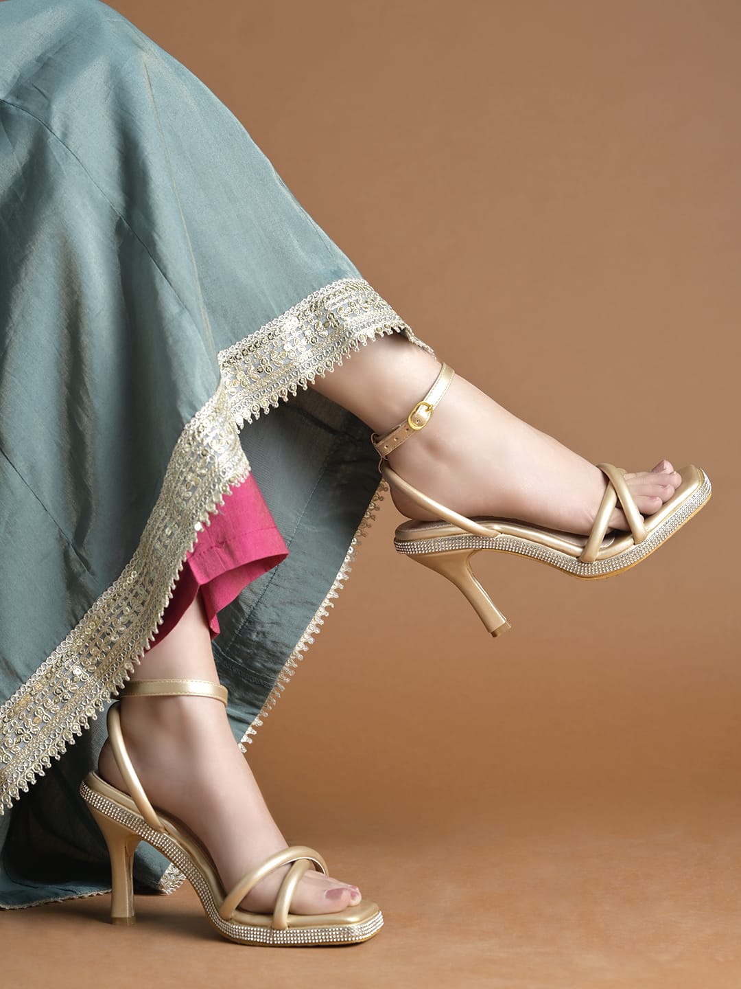 Gold Block Heel Sandals for Women | Comfortable Luxury Footwear for Weddings & Festive Occasions