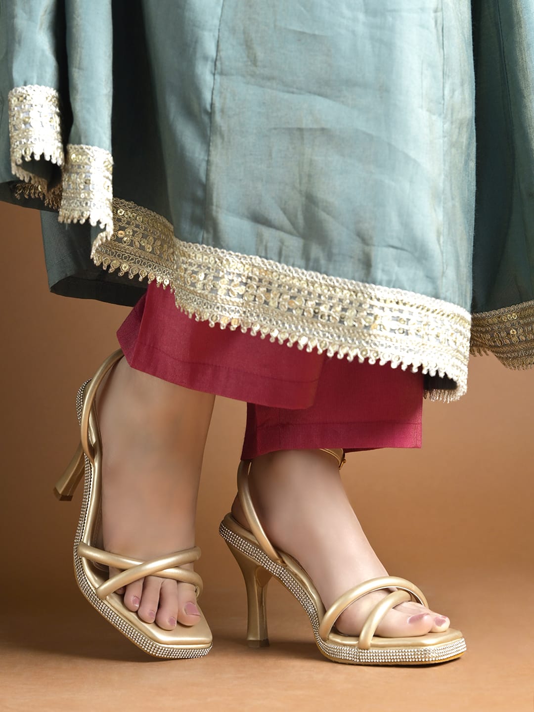 Gold Block Heel Sandals for Women | Comfortable Luxury Footwear for Weddings & Festive Occasions