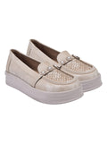 Beige Glitter Platform Loafers with Floral Embellishment For Women & Girls