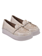 Beige Glitter Platform Loafers with Floral Embellishment For Women & Girls