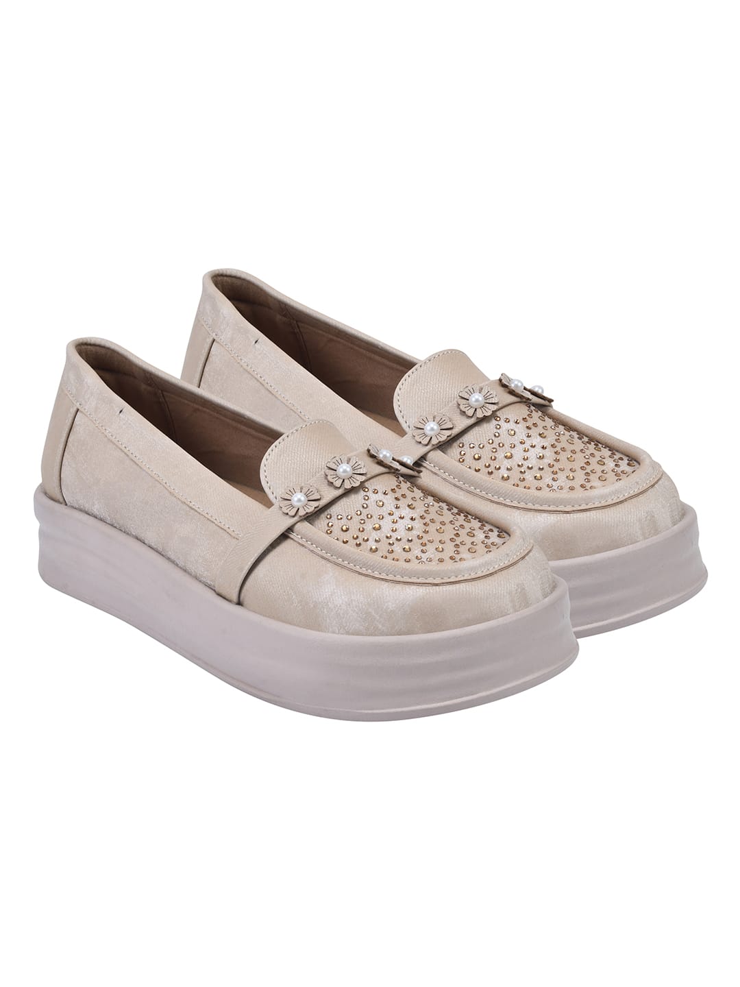 Beige Glitter Platform Loafers with Floral Embellishment For Women & Girls