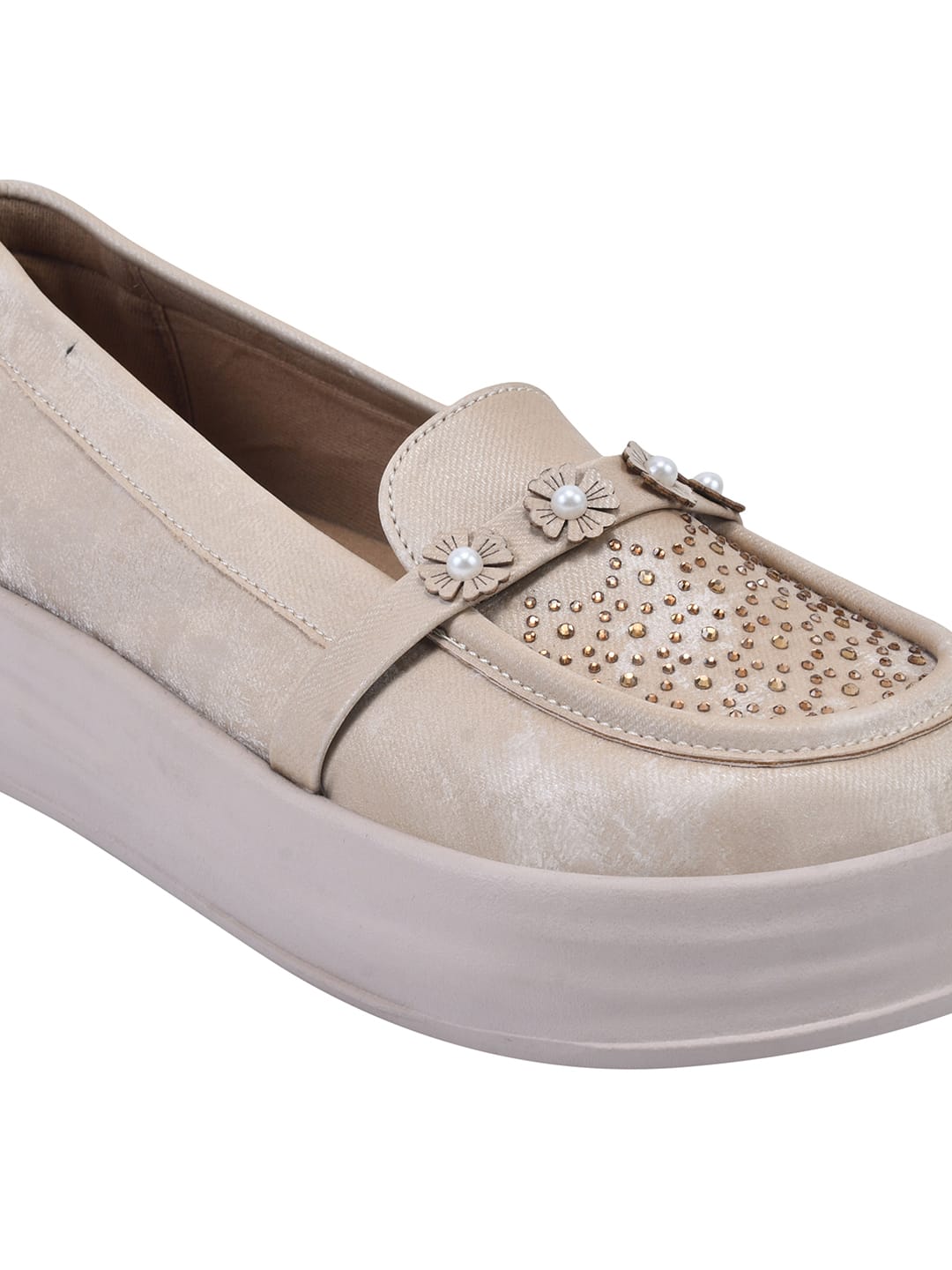 Beige Glitter Platform Loafers with Floral Embellishment For Women & Girls