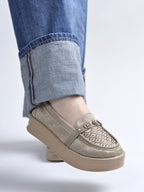 Beige Glitter Platform Loafers with Floral Embellishment For Women & Girls