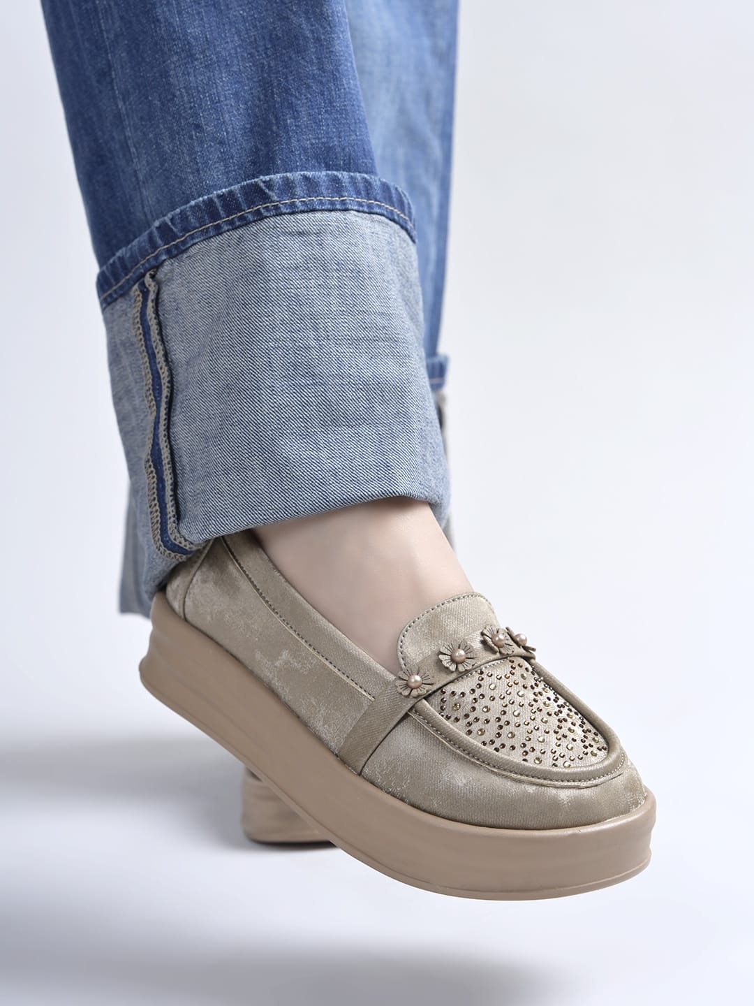 Beige Glitter Platform Loafers with Floral Embellishment For Women & Girls