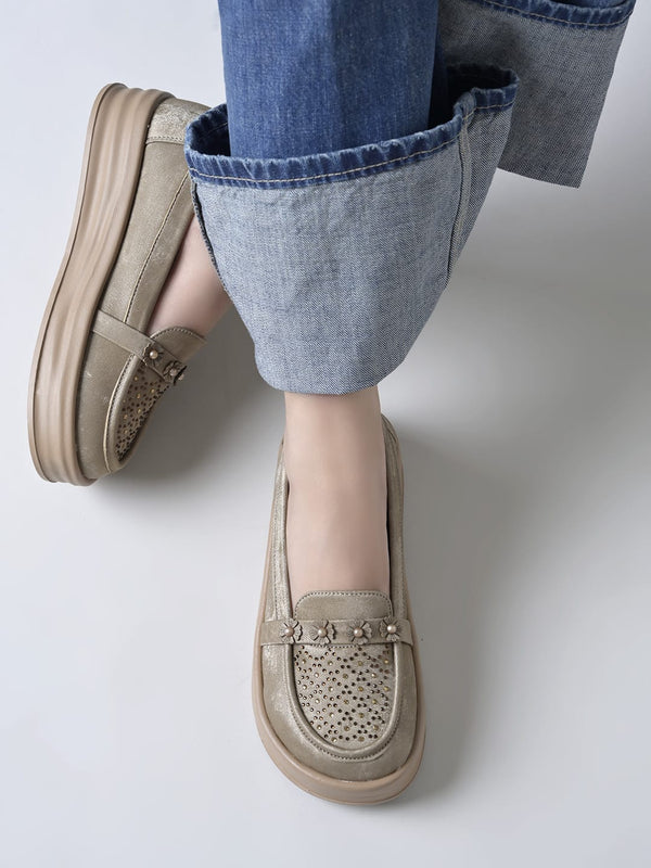 Beige Glitter Platform Loafers with Floral Embellishment For Women & Girls