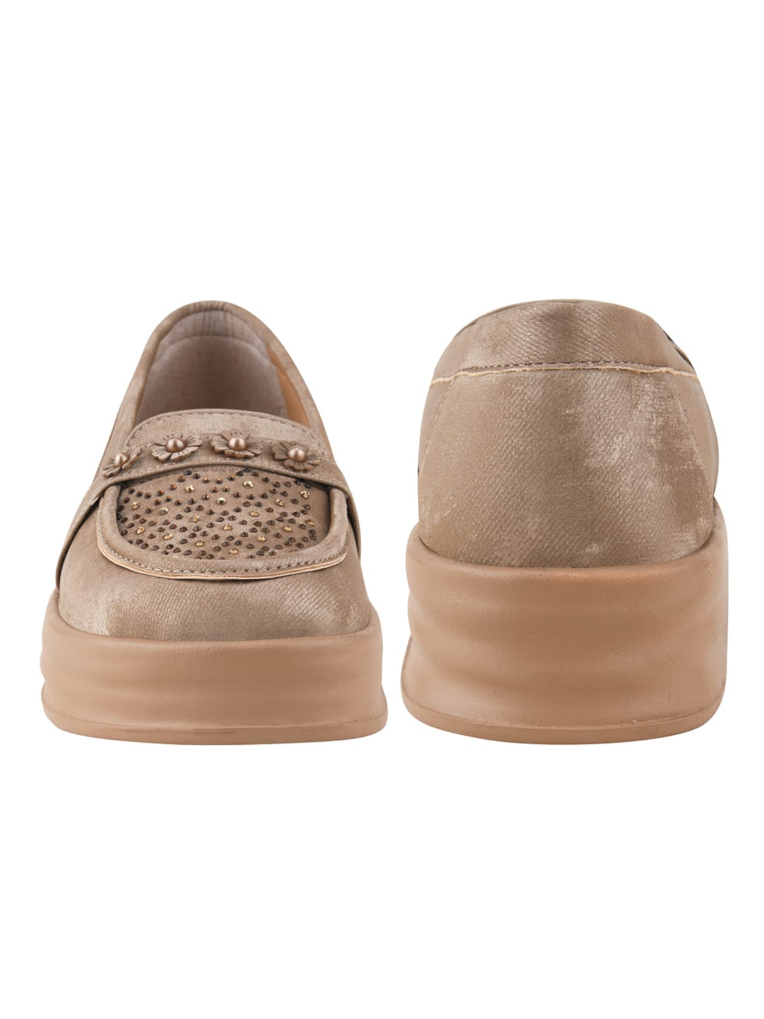 Golden Glitter Platform Loafers with Floral Embellishment For Women & Girls