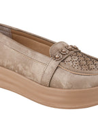 Golden Glitter Platform Loafers with Floral Embellishment For Women & Girls