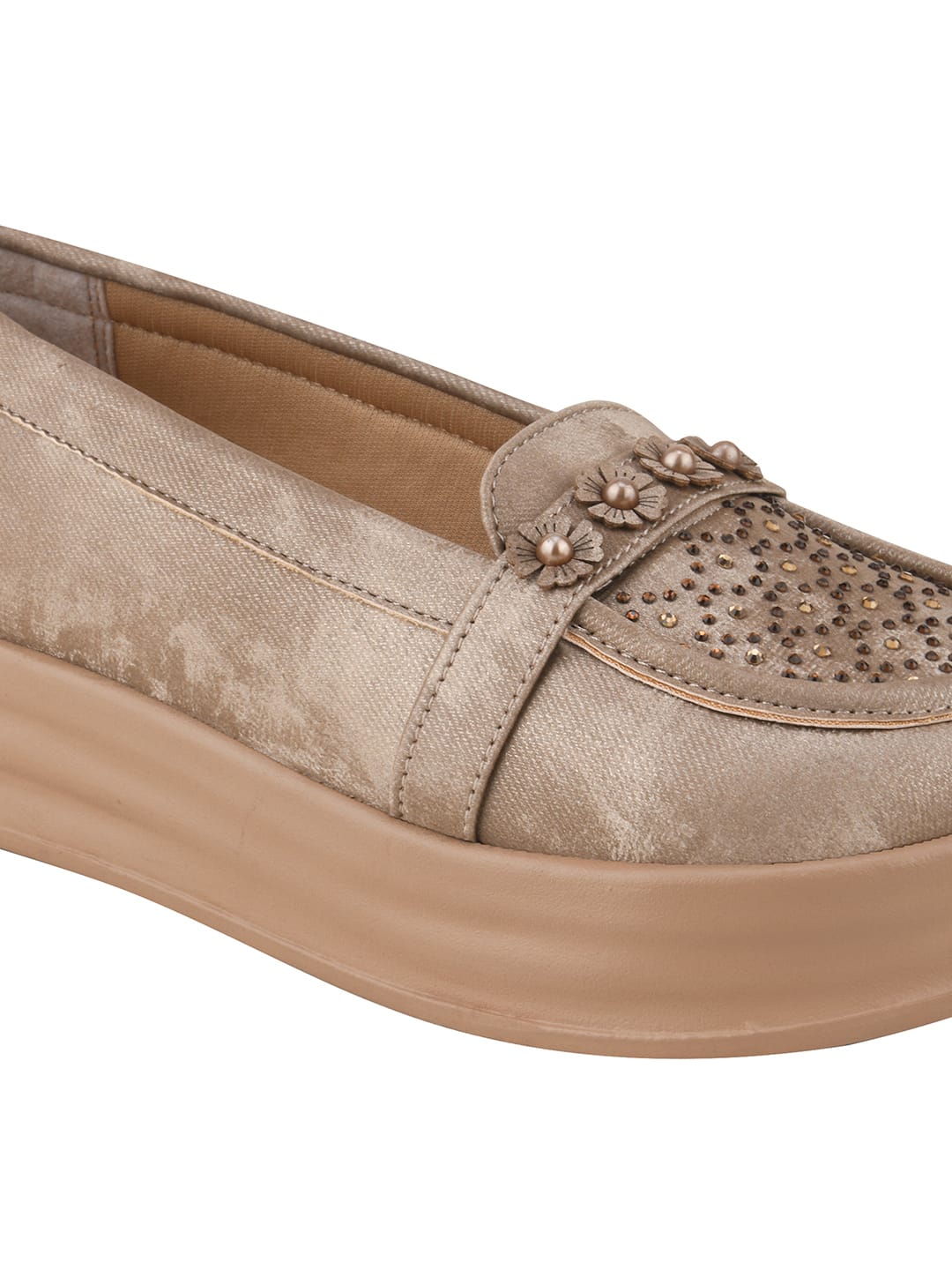 Golden Glitter Platform Loafers with Floral Embellishment For Women & Girls