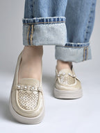 Golden Glitter Platform Loafers with Floral Embellishment For Women & Girls
