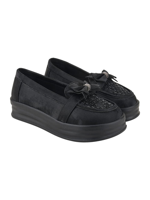 Black Bow Platform Loafers For Women & Girls