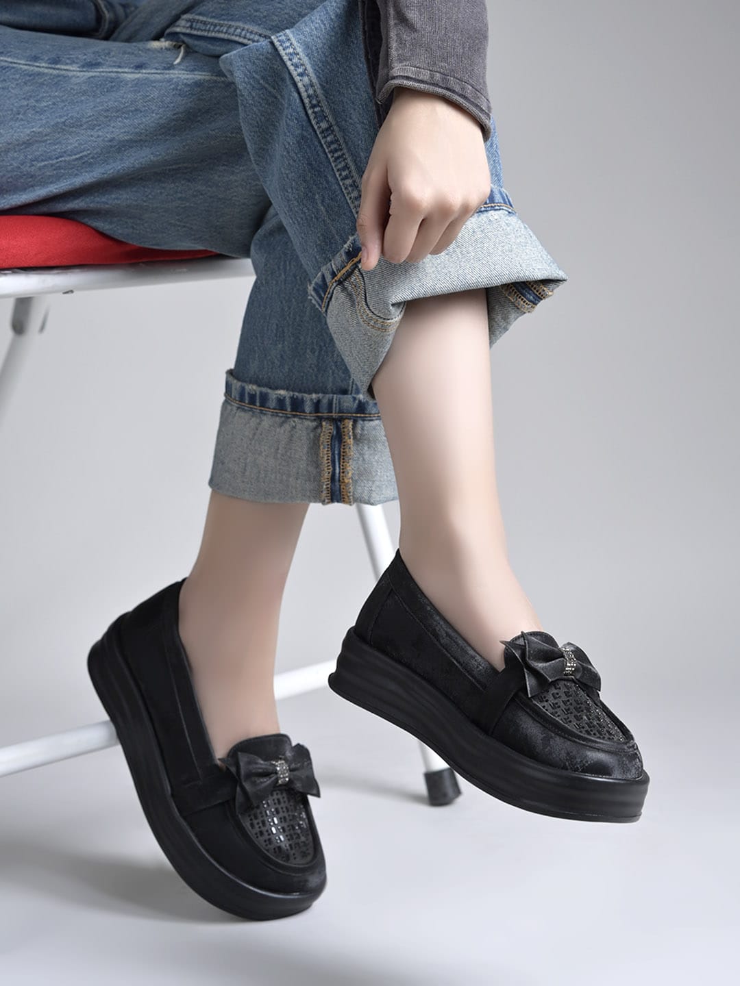 Black Bow Platform Loafers For Women & Girls