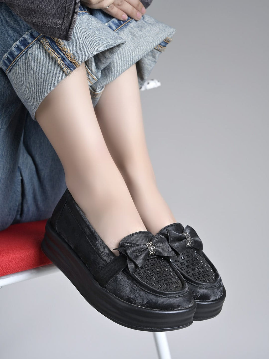 Black Bow Platform Loafers For Women & Girls