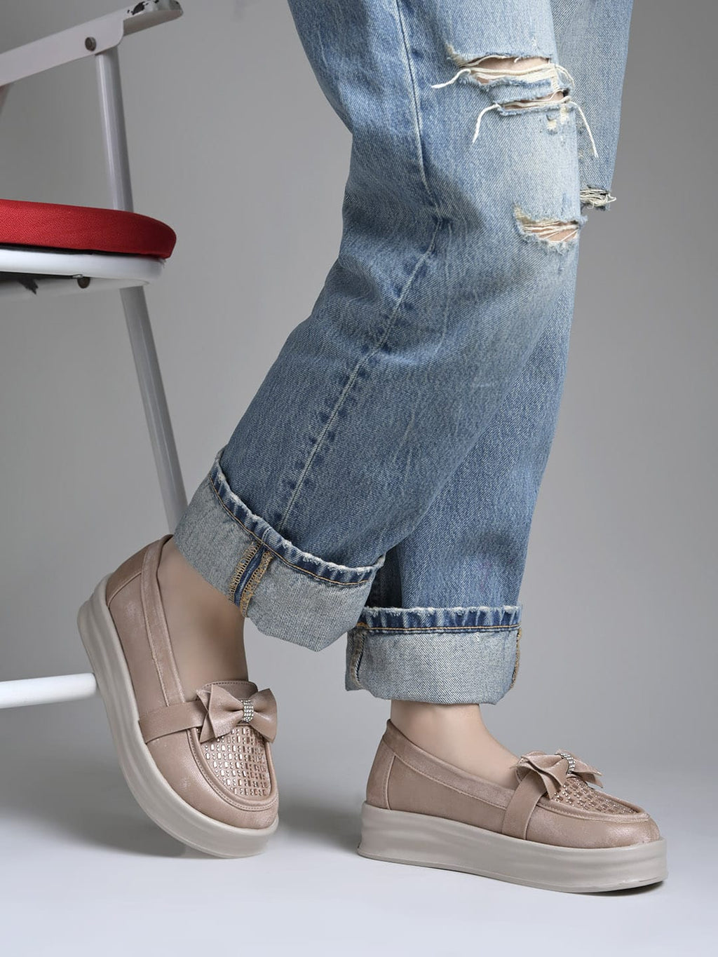 Rose-Gold Bow Platform Loafers For Women & Girls