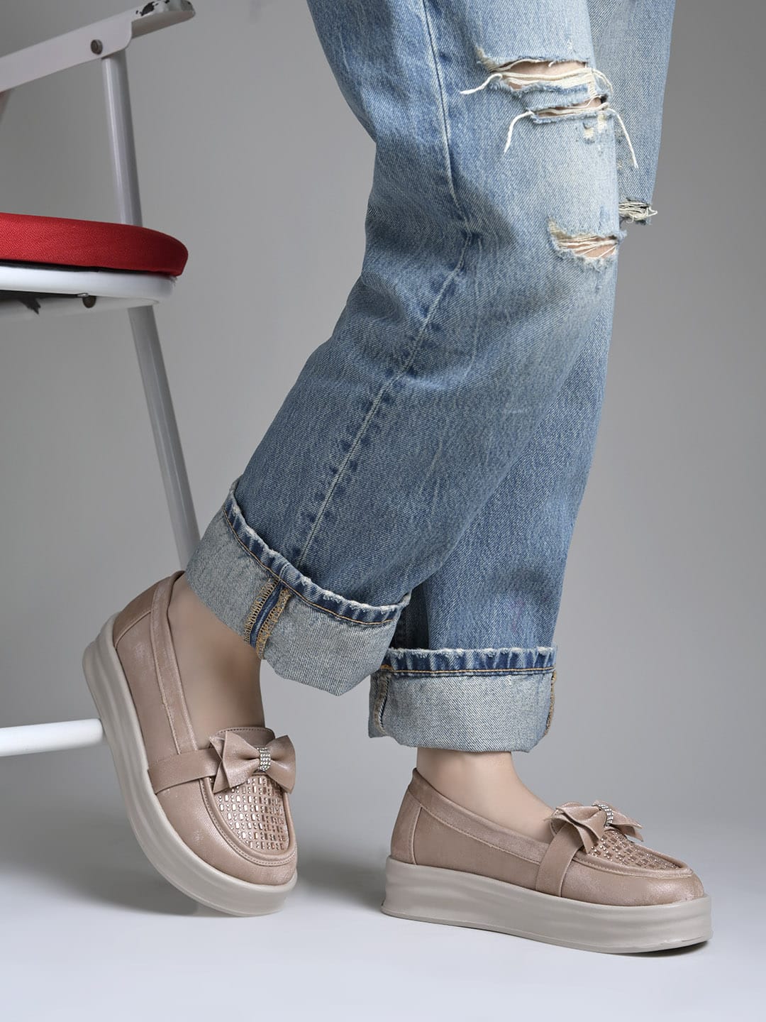 Rose-Gold Bow Platform Loafers For Women & Girls