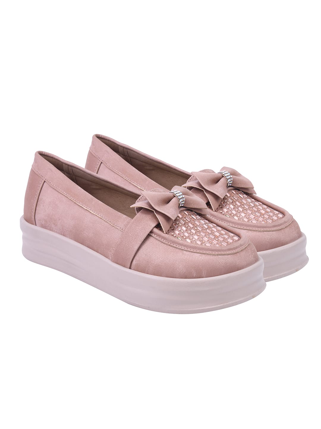 Rose-Gold Bow Platform Loafers For Women & Girls