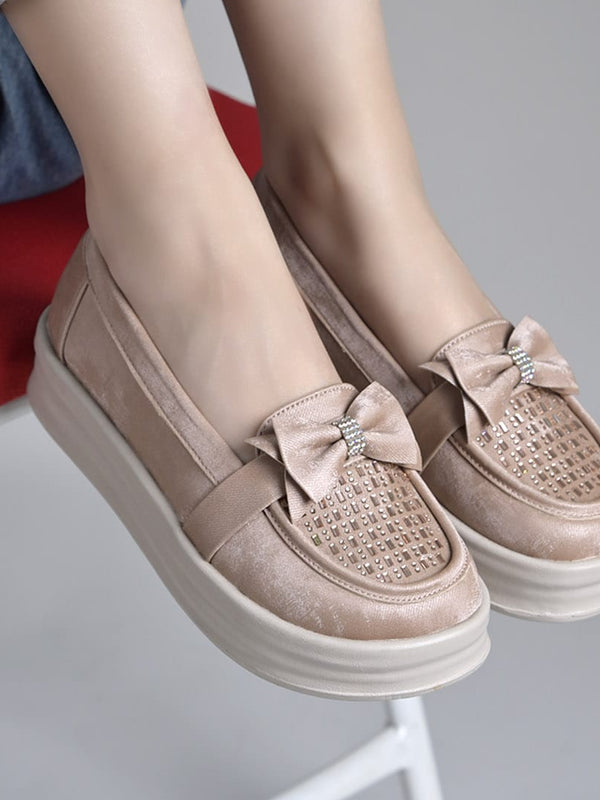 Rose-Gold Bow Platform Loafers For Women & Girls