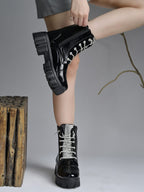 Casino Black Patent Lug Sole Ankle Boots with Rhinestone Laces For Women & Girls