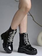 Casino Black Patent Lug Sole Ankle Boots with Rhinestone Laces For Women & Girls