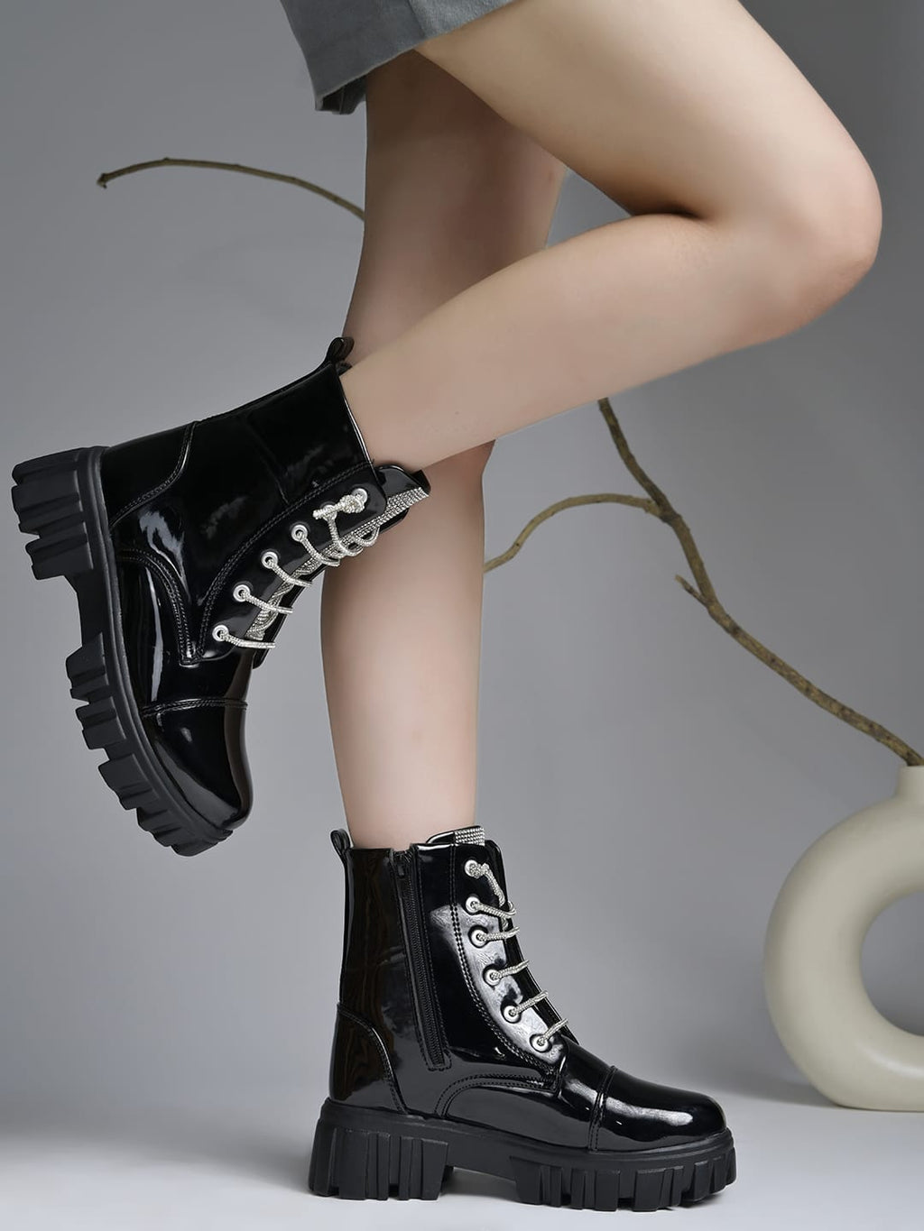 Casino Black Patent Lug Sole Ankle Boots with Rhinestone Laces For Women & Girls