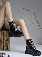 Casino Black Patent Lug Sole Ankle Boots with Rhinestone Laces For Women & Girls