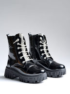 Casino Black Patent Lug Sole Ankle Boots with Rhinestone Laces For Women & Girls