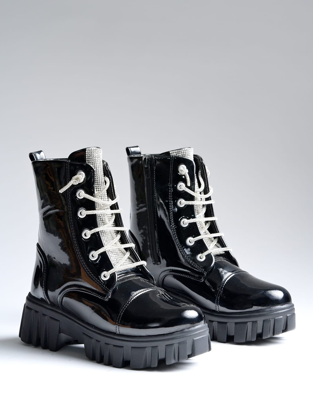 Casino Black Patent Lug Sole Ankle Boots with Rhinestone Laces For Women & Girls