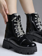 Casino Black Patent Lug Sole Ankle Boots with Rhinestone Laces For Women & Girls