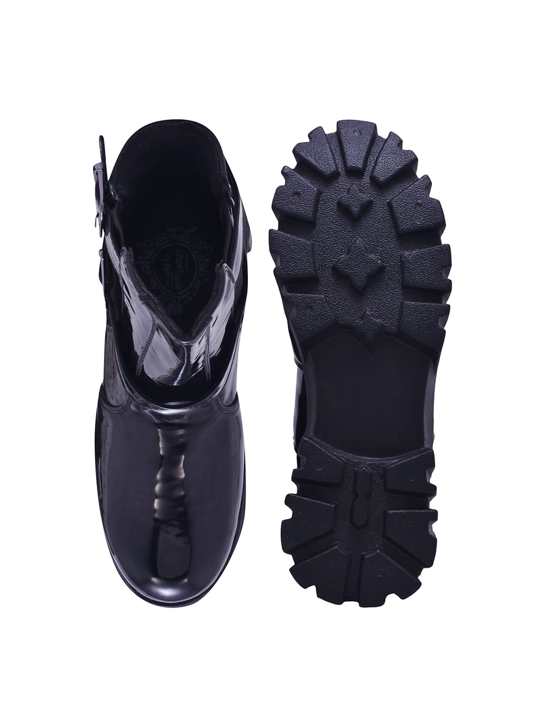 Crispy Black Patent Double-Buckle Lug Sole Combat Boots For Women & Girls