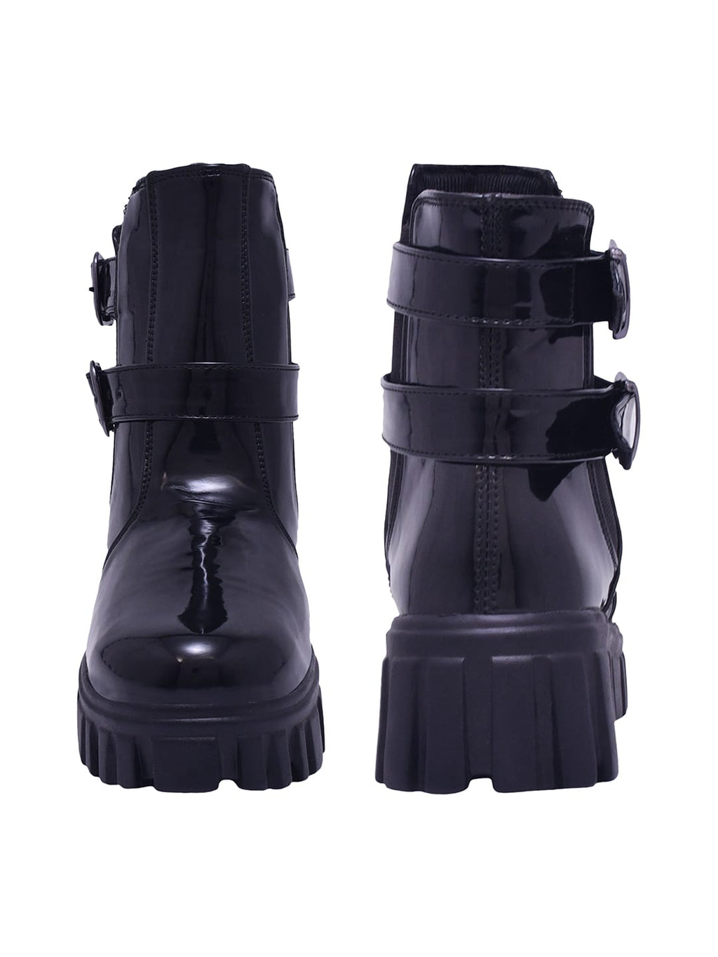 Crispy Black Patent Double-Buckle Lug Sole Combat Boots For Women & Girls