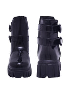 Crispy Black Patent Double-Buckle Lug Sole Combat Boots For Women & Girls