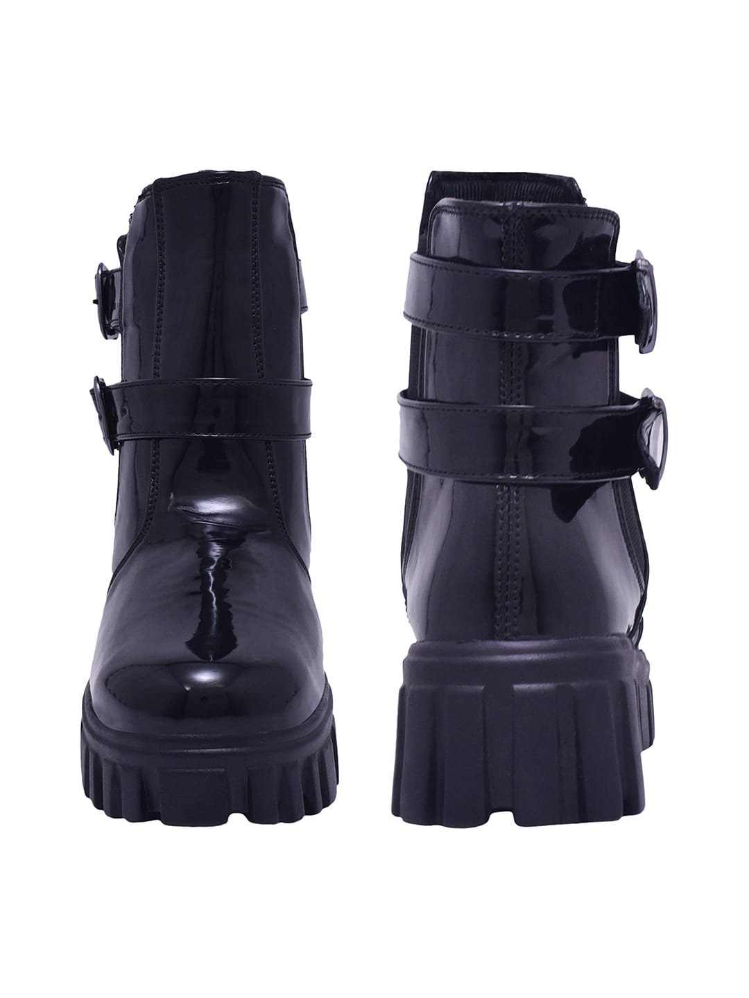 Crispy Black Patent Double-Buckle Lug Sole Combat Boots For Women & Girls