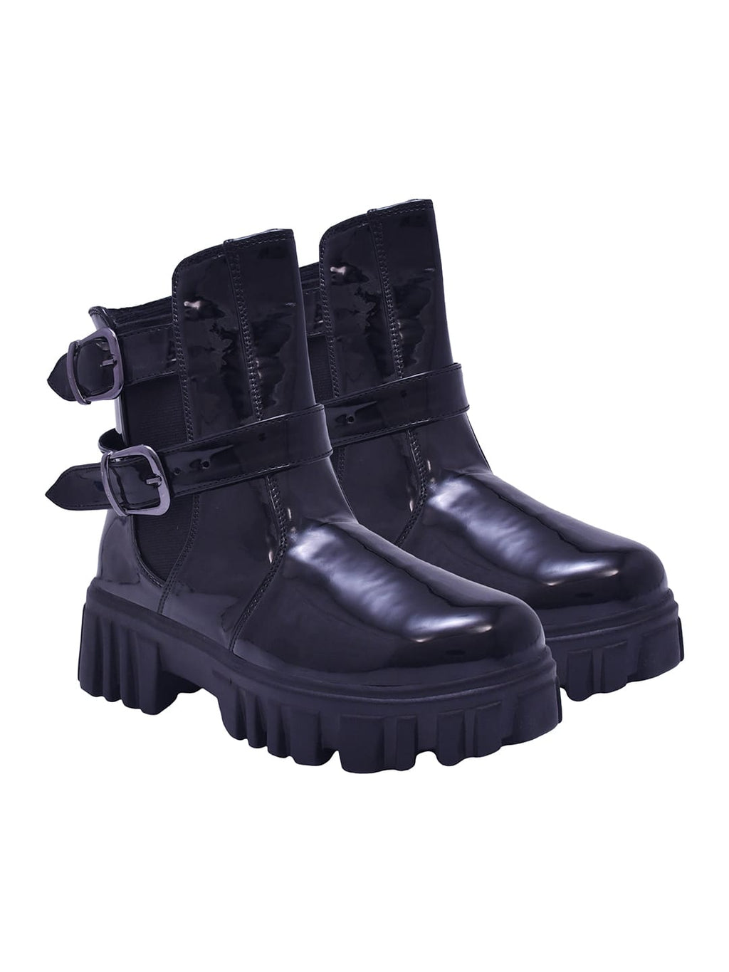 Crispy Black Patent Double-Buckle Lug Sole Combat Boots For Women & Girls