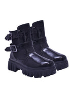 Crispy Black Patent Double-Buckle Lug Sole Combat Boots For Women & Girls