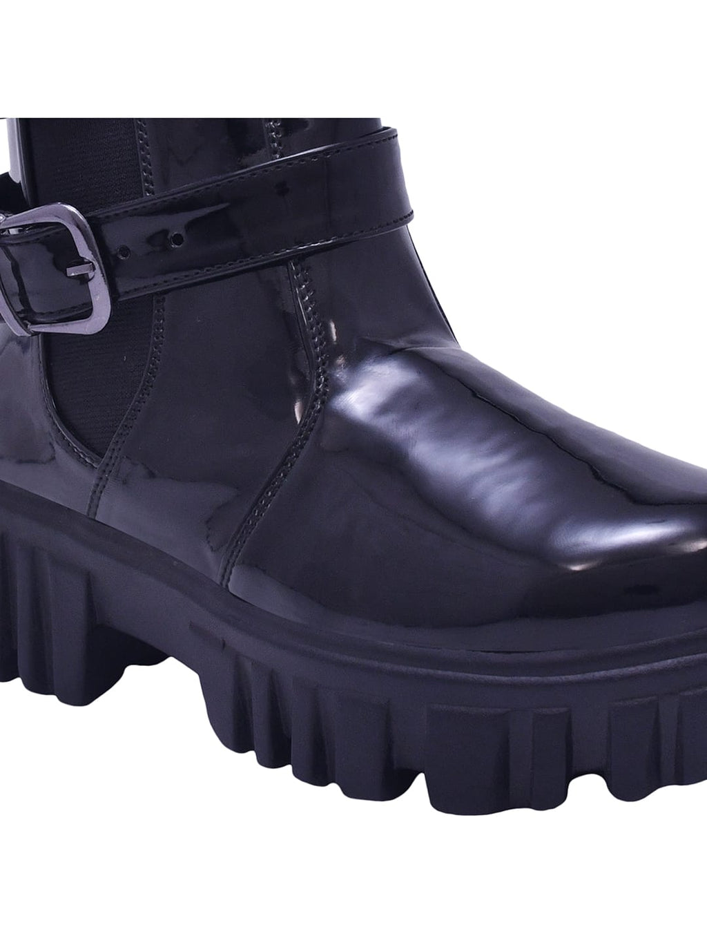 Crispy Black Patent Double-Buckle Lug Sole Combat Boots For Women & Girls