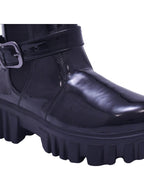 Crispy Black Patent Double-Buckle Lug Sole Combat Boots For Women & Girls