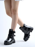Crispy Black Patent Double-Buckle Lug Sole Combat Boots For Women & Girls